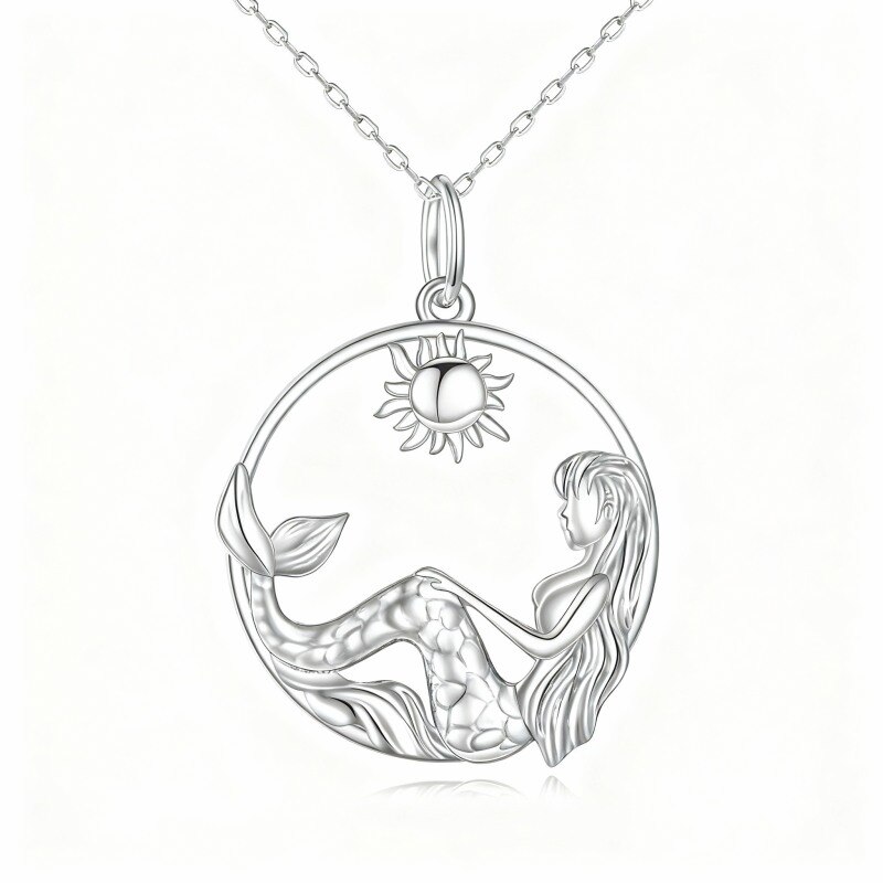Collier pendentif queue de sirène et soleil en platine plaqué or blanc-1