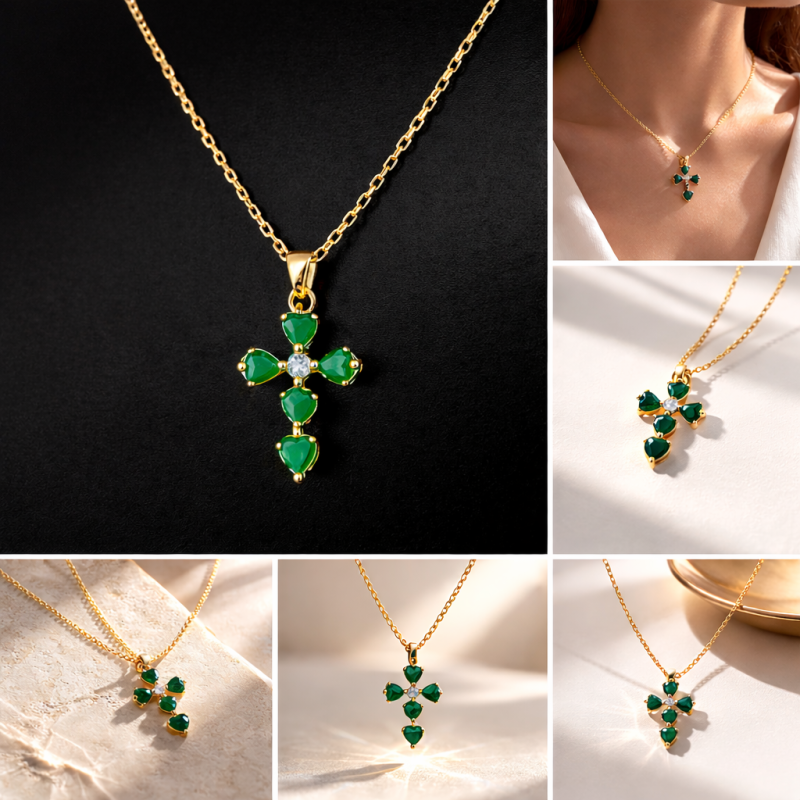 18K White Gold Moissanite & Artificial Emerald Cross Pendant Necklace-3