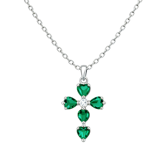 10K White Gold Moissanite & Artificial Emerald Cross Pendant Necklace