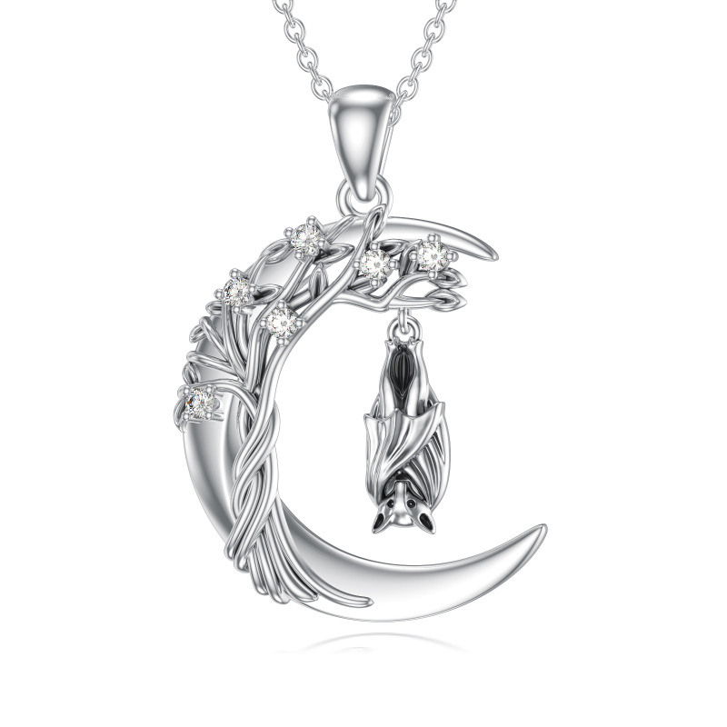 Collier pendentif chauve-souris et lune en moissanite plaqué or blanc et platine-1