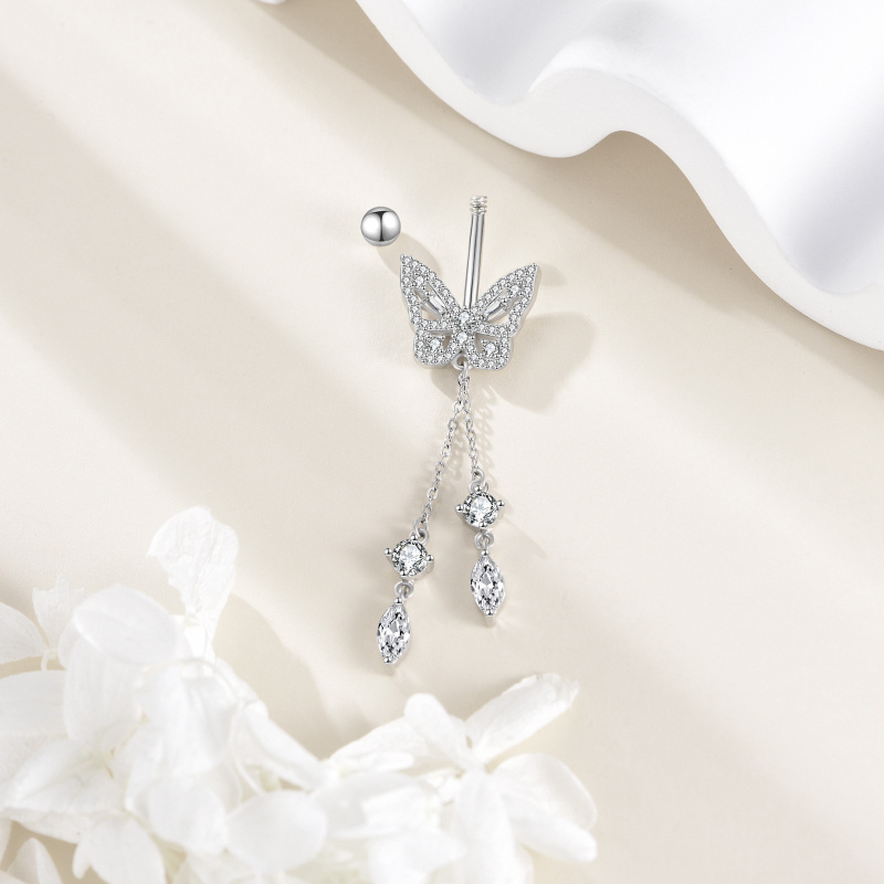 Sterling Silver Moissanite Butterfly Belly Button Ring-4
