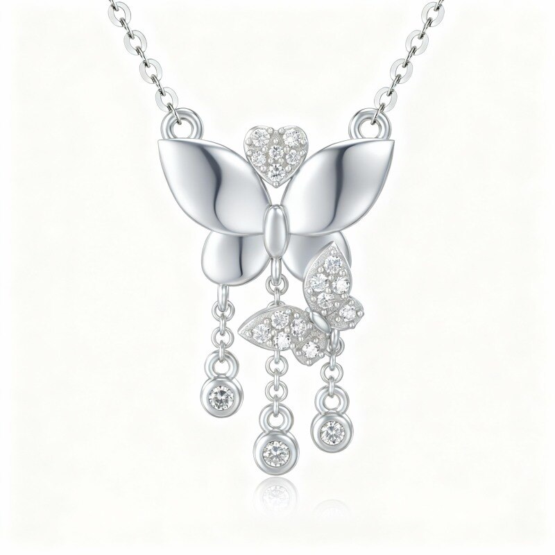 Platinum with White Gold Plated Moissanite Butterfly Pendant Necklace-1