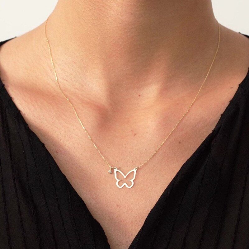 Collier pendentif papillon en or 14 carats et moissanite-2