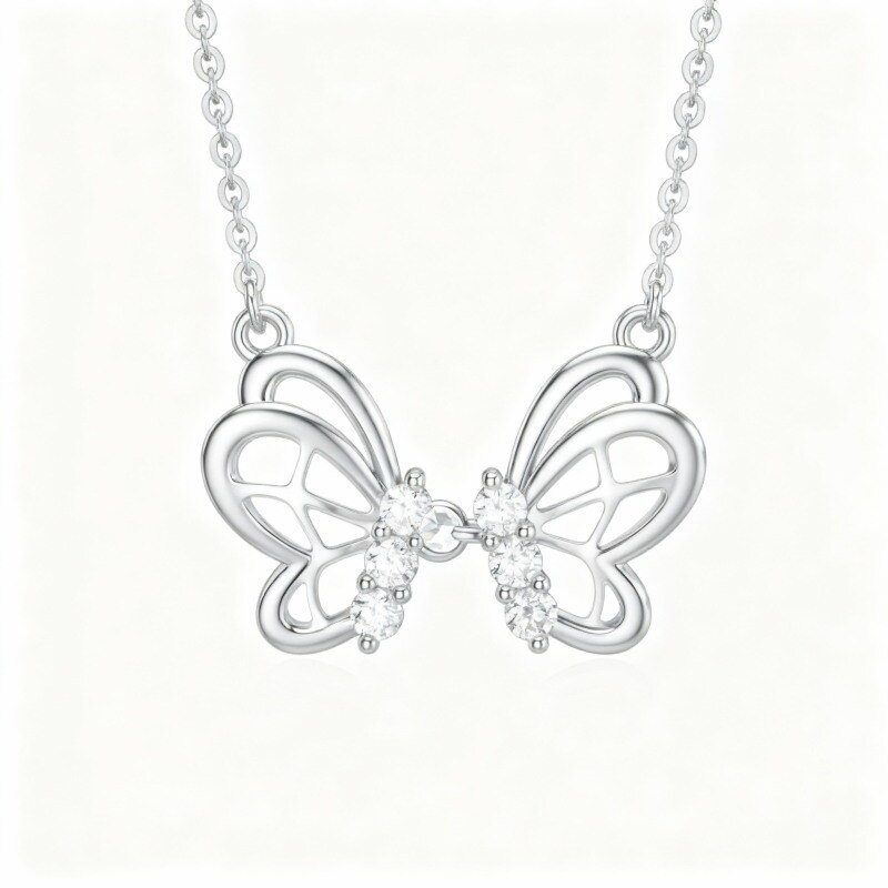 Platinum with White Gold Plated Moissanite Butterfly Pendant Necklace-1