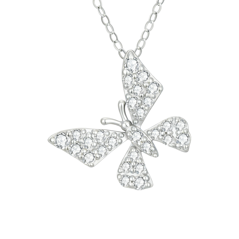 14K White Gold Moissanite Butterfly Pendant Necklace-1