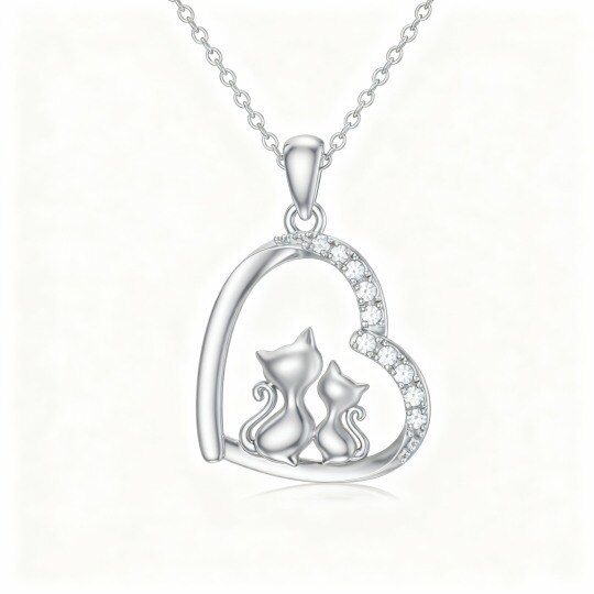 Collier pendentif chat et cœur en or blanc 10 carats et moissanite