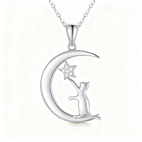 Collar con colgante de gato y luna de oro blanco de 10 quilates con moissanita