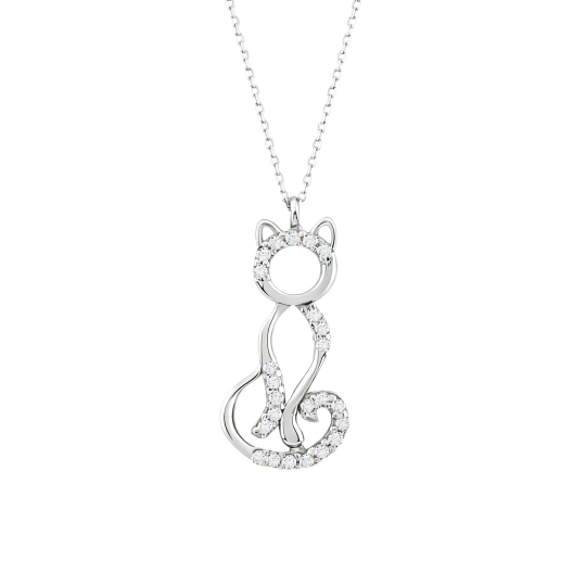 10K White Gold Moissanite Cat Pendant Necklace