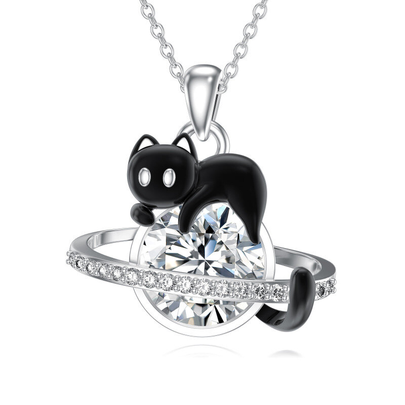 Collar con colgante de gato y planeta de moissanita chapado en oro blanco y platino-1