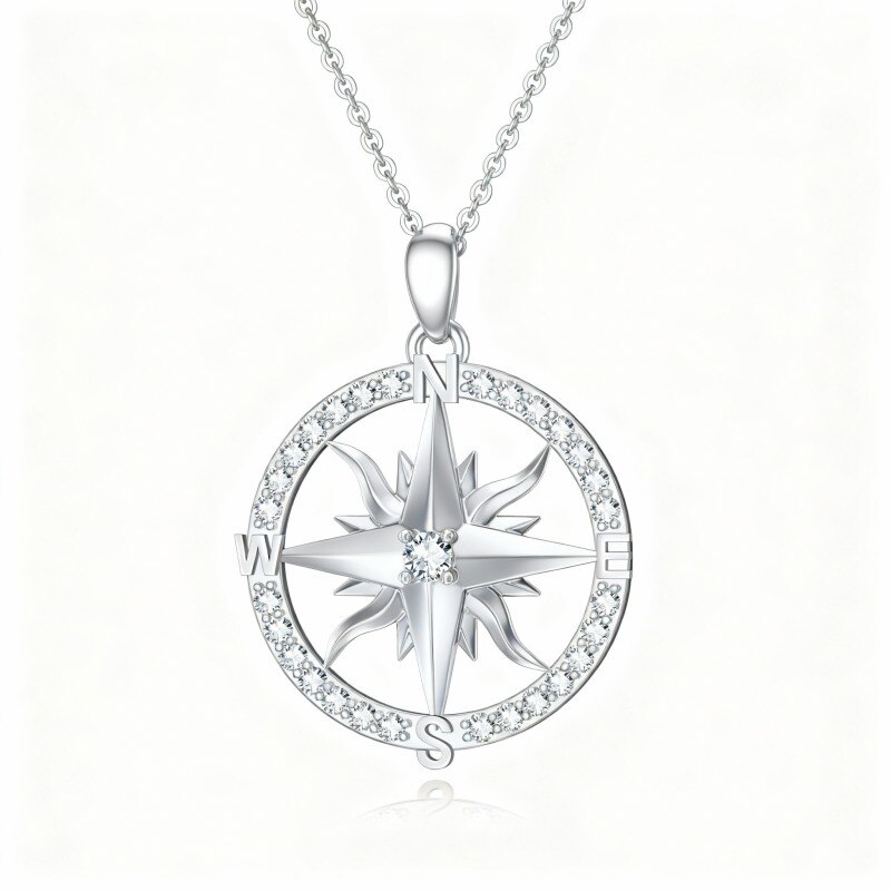 10K White Gold Moissanite Compass Pendant Necklace-14
