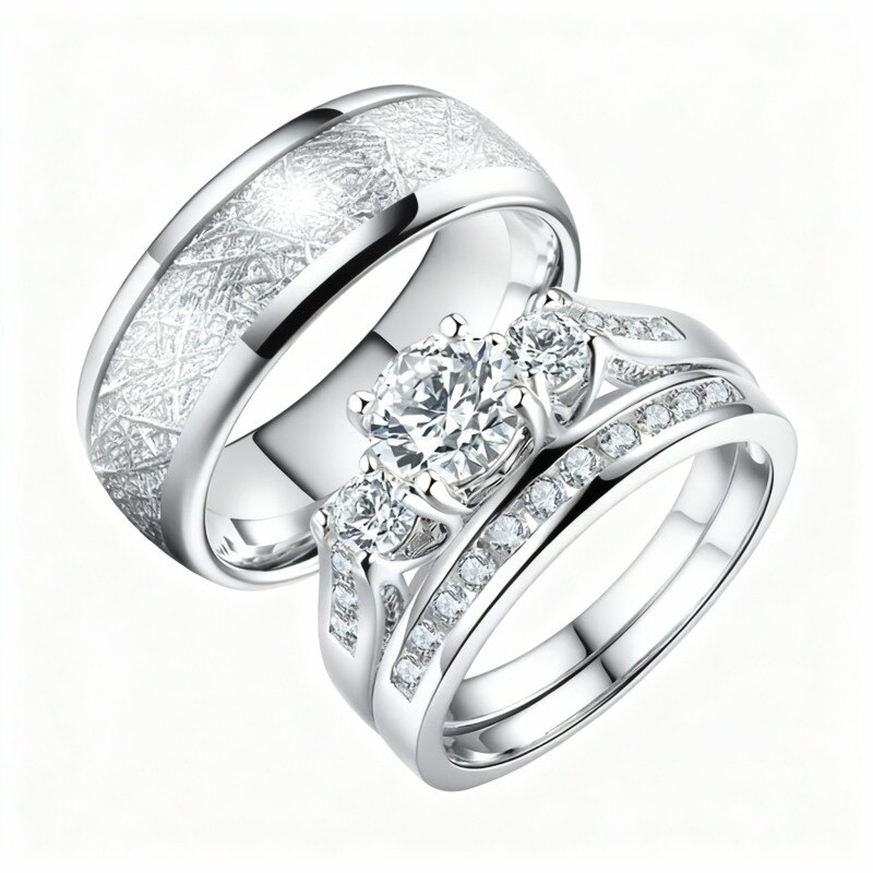 10K White Gold Moissanite Couple Rings-3