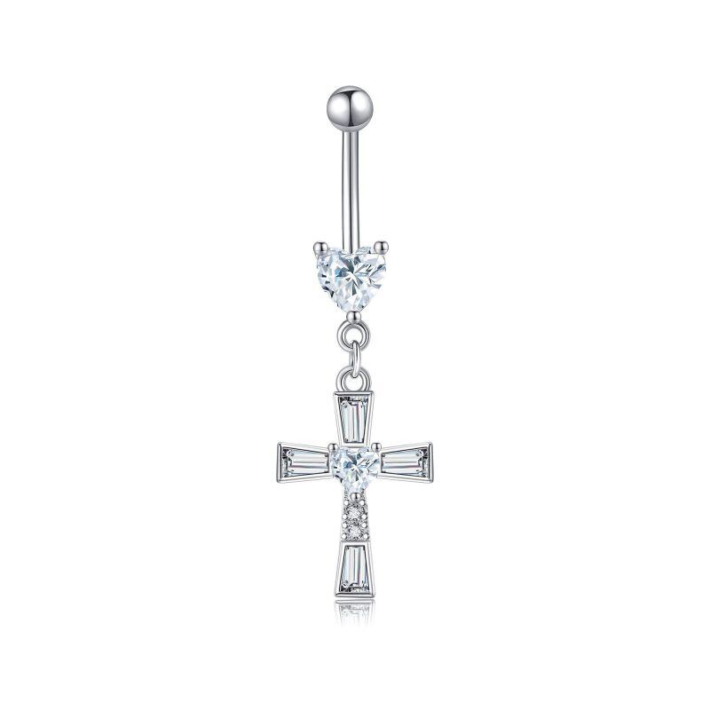 Platinum with White Gold Plated Moissanite Cross Belly Button Ring-1