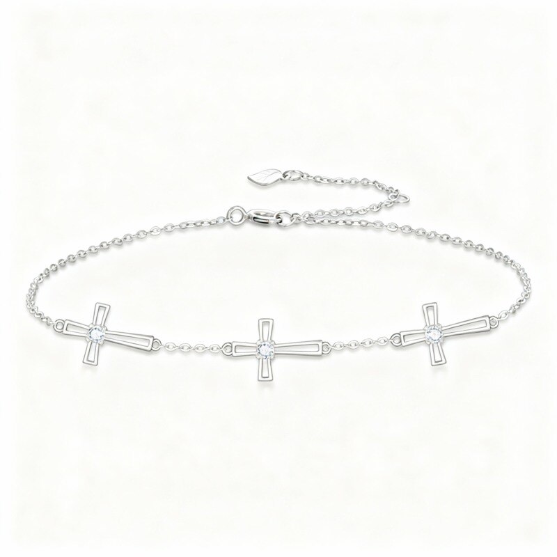 Pulsera con dije de cruz de moissanita en oro blanco de 14 quilates-1