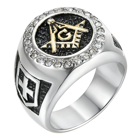 10K White Gold Moissanite Cross & Freemason Signet Ring for Men
