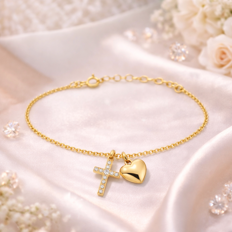 Pulsera con dije de cruz y corazón de moissanita en oro blanco de 10 quilates-3