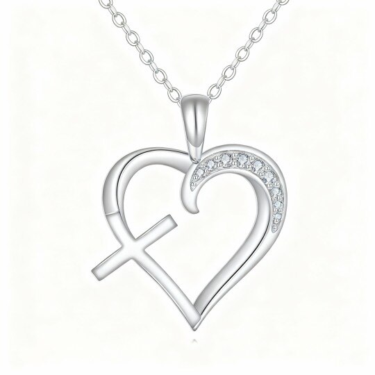 Collier pendentif croix et cœur en or blanc 10 carats et moissanite