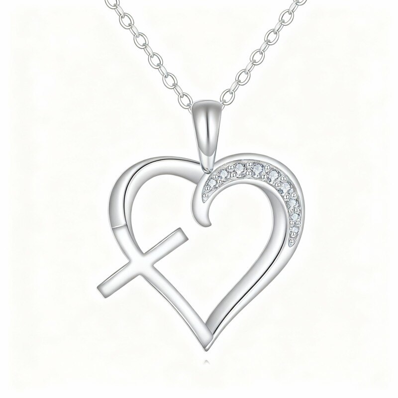 Collier pendentif croix et cœur en platine plaqué or blanc et moissanite-1