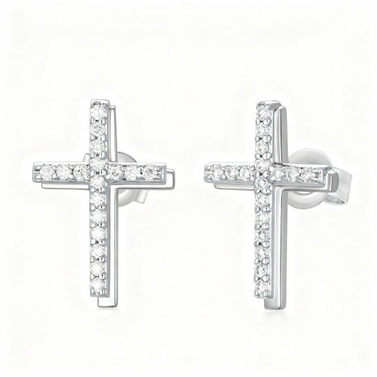 Boucles d'oreilles puces en or blanc 10 carats et moissanite en forme de croix