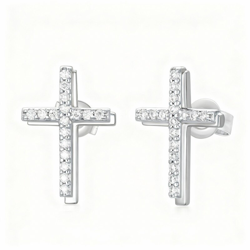 18K White Gold Moissanite Cross Stud Earrings-1