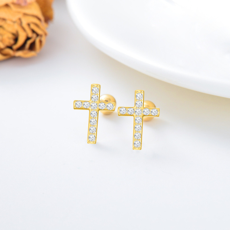 10K Rose Gold Moissanite Cross Stud Earrings-3