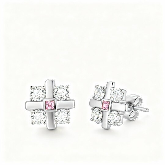Boucles d'oreilles puces en or blanc 10 carats et moissanite en forme de croix