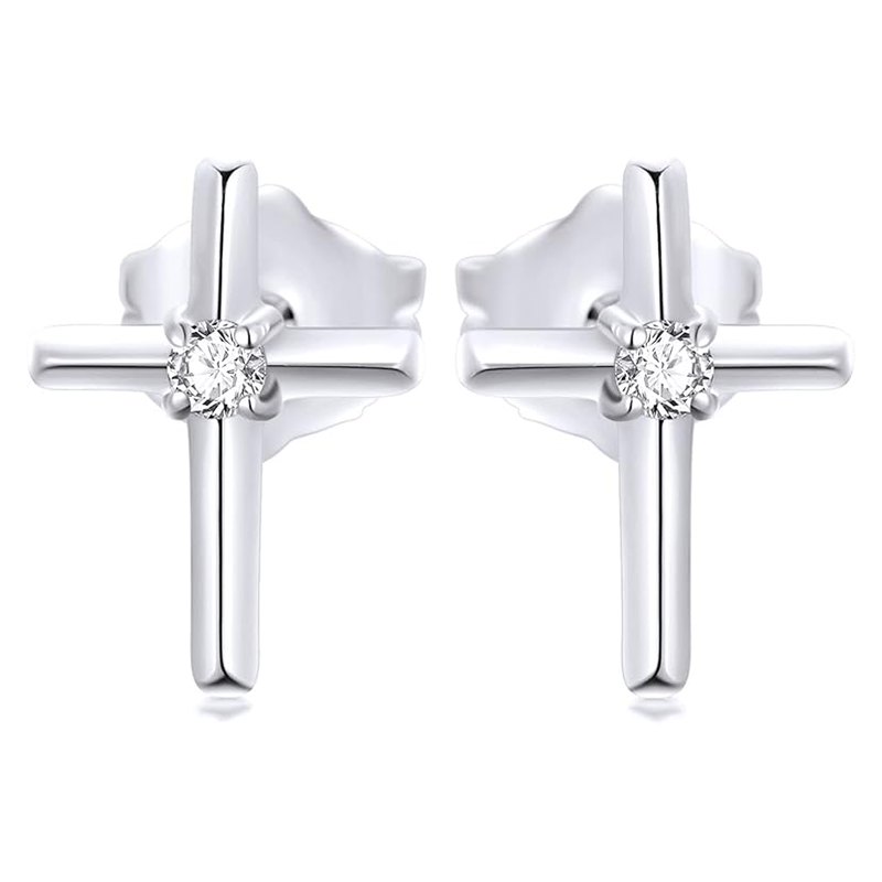 Boucles d'oreilles puces en forme de croix, en platine plaqué or blanc et moissanite.-1
