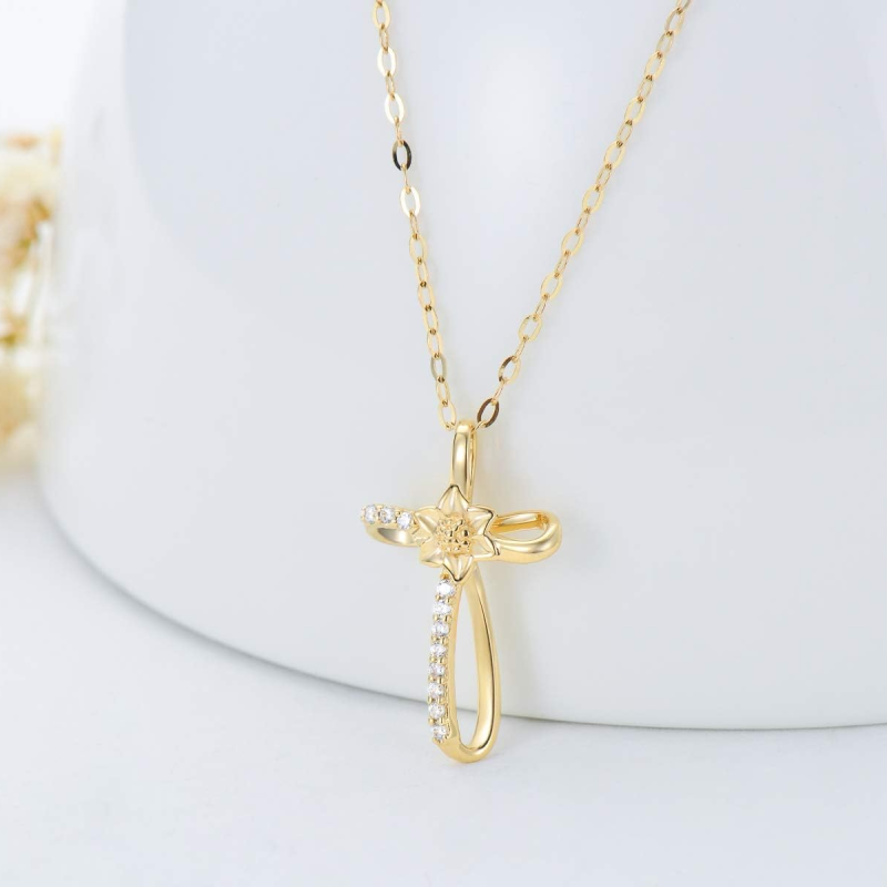 Halskette aus 14-karätigem Roségold mit Moissanit-Anhänger in Form einer Gänseblümchen- und Kreuz-2