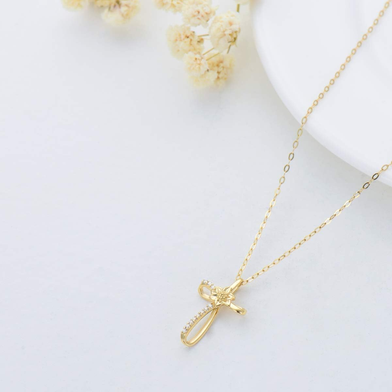 Halskette aus 14-karätigem Roségold mit Moissanit-Anhänger in Form einer Gänseblümchen- und Kreuz-3