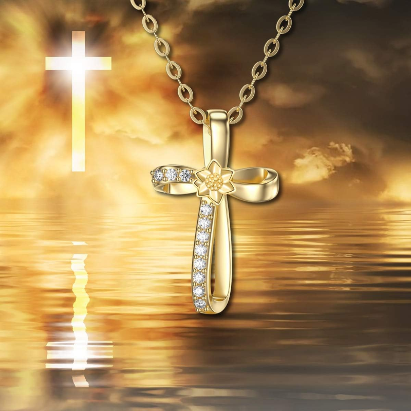 Halskette aus 14-karätigem Roségold mit Moissanit-Anhänger in Form einer Gänseblümchen- und Kreuz-5