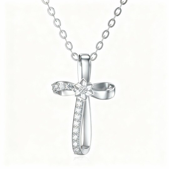 10K White Gold Moissanite Daisy & Cross Pendant Necklace