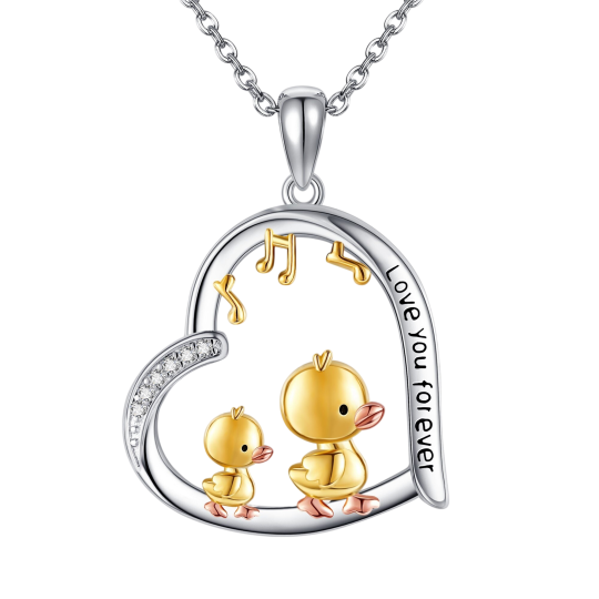 Halskette aus 10-karätigem Weißgold mit Anhänger aus Moissanit, Ente, Herz und Musiksymbol
