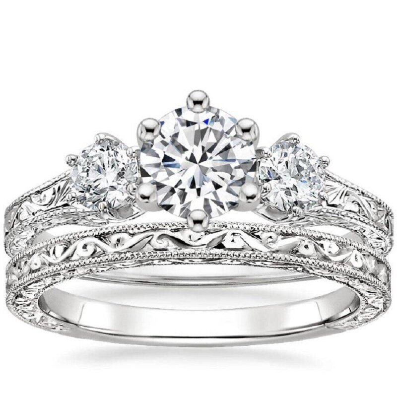 Ensemble de mariage en platine plaqué or blanc avec moissanite taille ronde de 1 carat-1