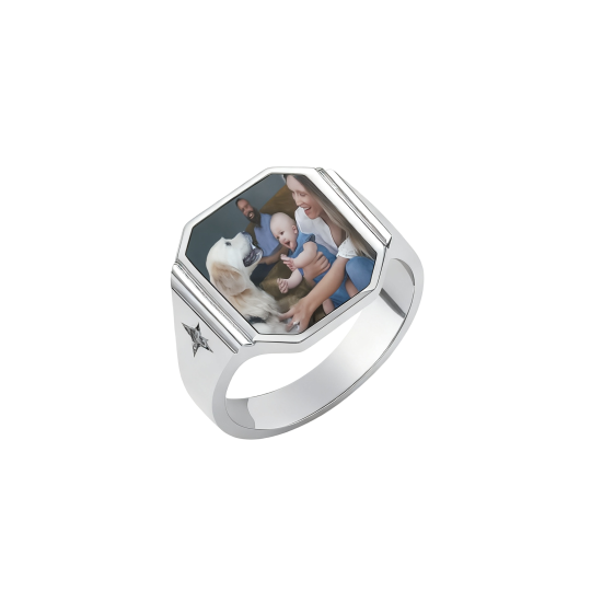 Anillo de oro blanco de 10 quilates con moissanita, grabable y personalizado con foto, para padre e hija, padre e hijo, padres e hijos. Anillo para hombre.