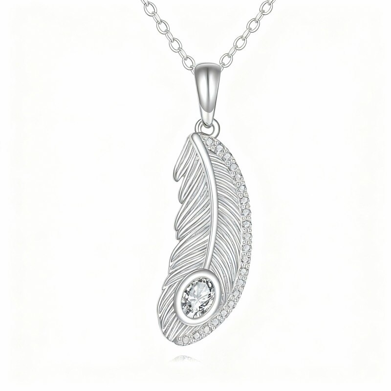 Collier pendentif plume en or blanc 14 carats et moissanite-1