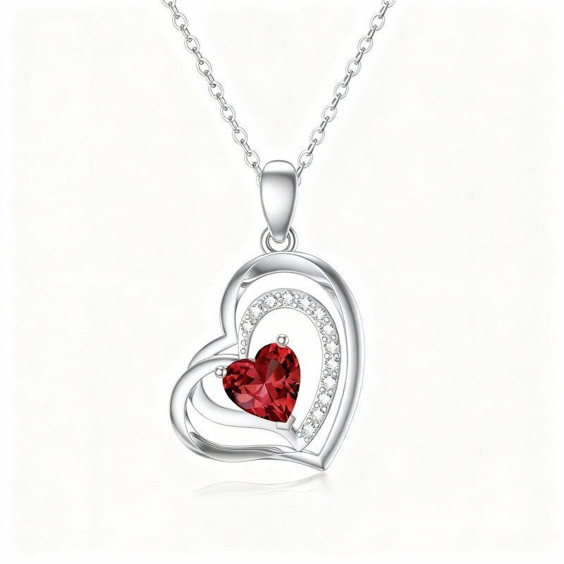 Platinum with White Gold Plated Moissanite & Gemstone Heart With Heart Pendant Necklace-1