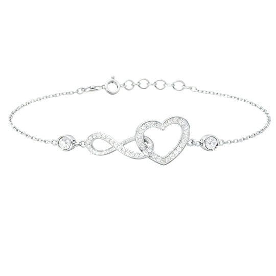 Bracelet à breloques en or blanc 10 carats avec moissanite, cœur et symbole de l'infini