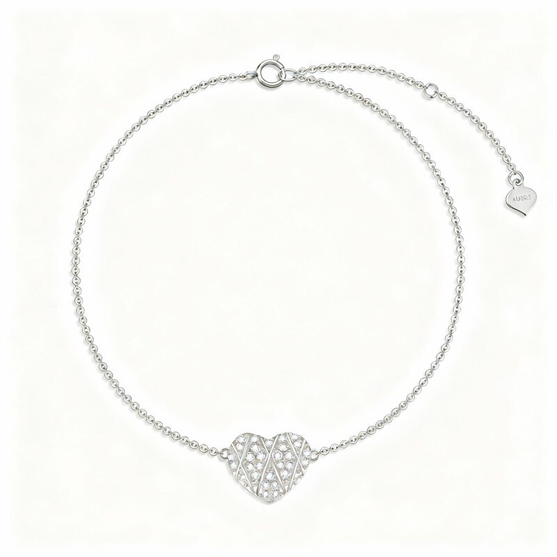 Tobillera de oro blanco de 18 quilates con dije de corazón de moissanita de una sola capa-1