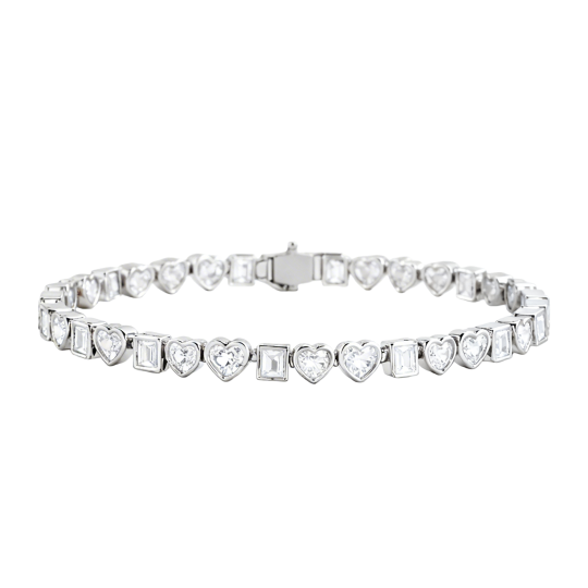 Pulsera de tenis de oro blanco de 18 quilates con moissanita en forma de corazón y cuadrado