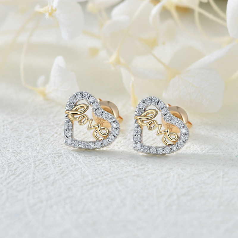 Pendientes de botón en forma de corazón de moissanita bicolor en oro de 14 quilates para mujer-3