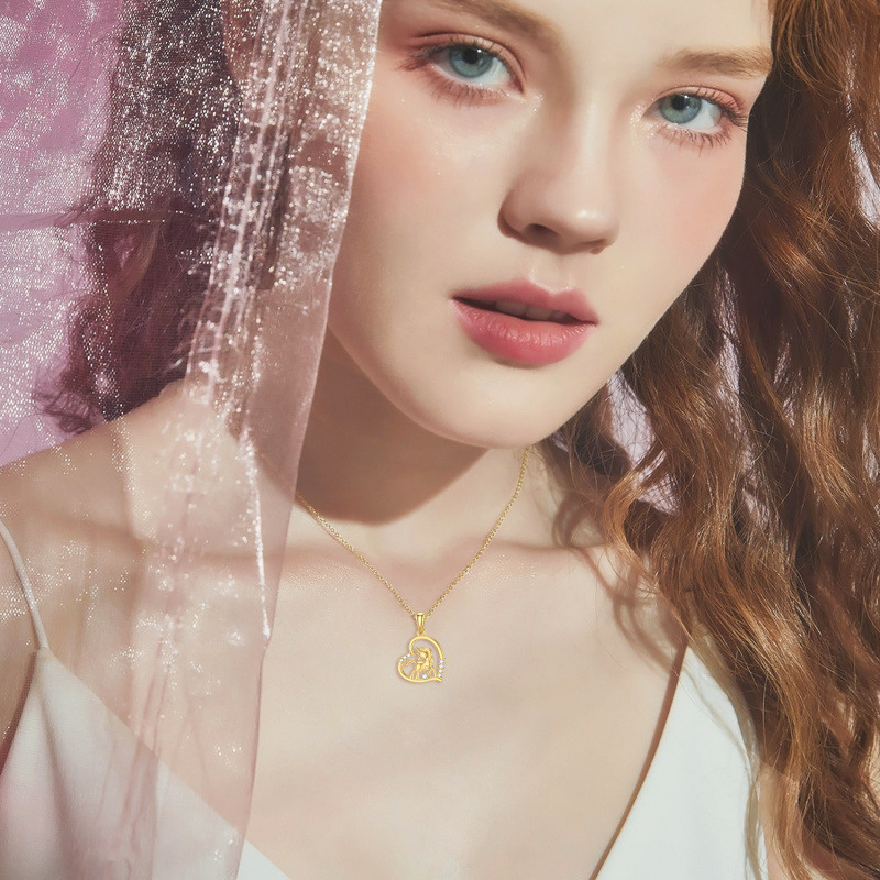 18K Gold Moissanite Heart & Unicorn Pendant Necklace-2