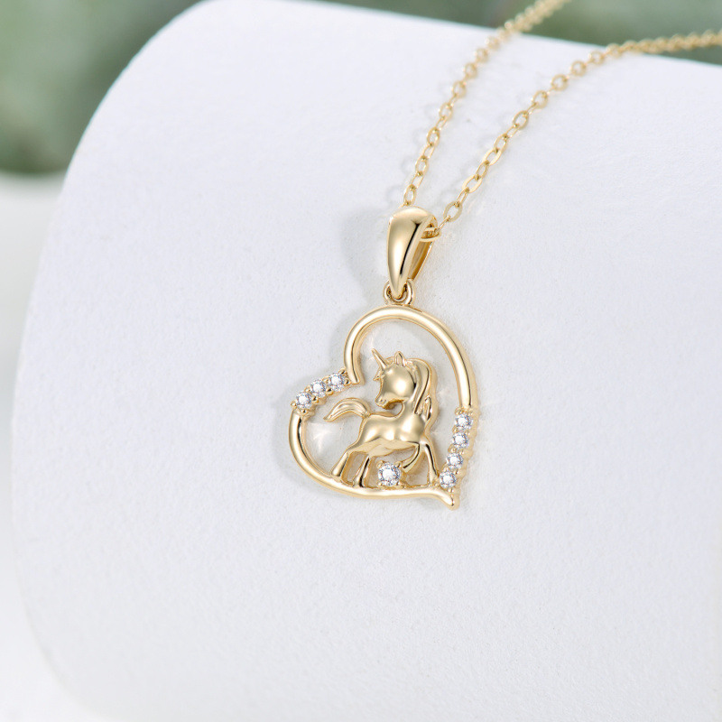 18K Gold Moissanite Heart & Unicorn Pendant Necklace-4
