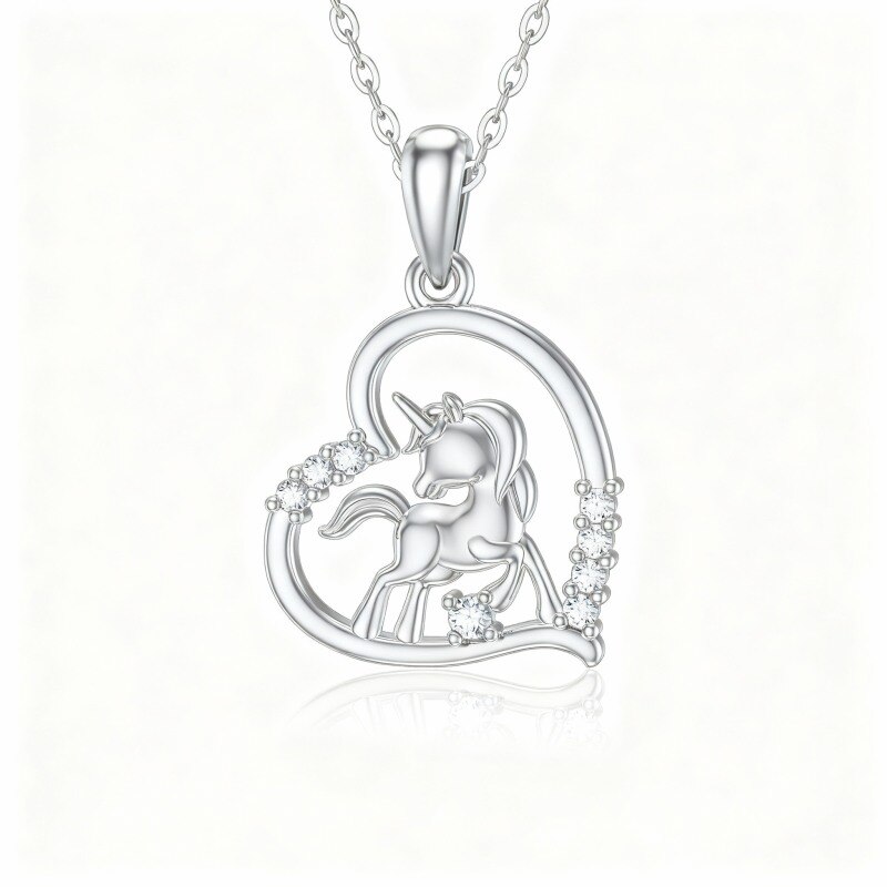 10K White Gold Moissanite Heart & Unicorn Pendant Necklace-14