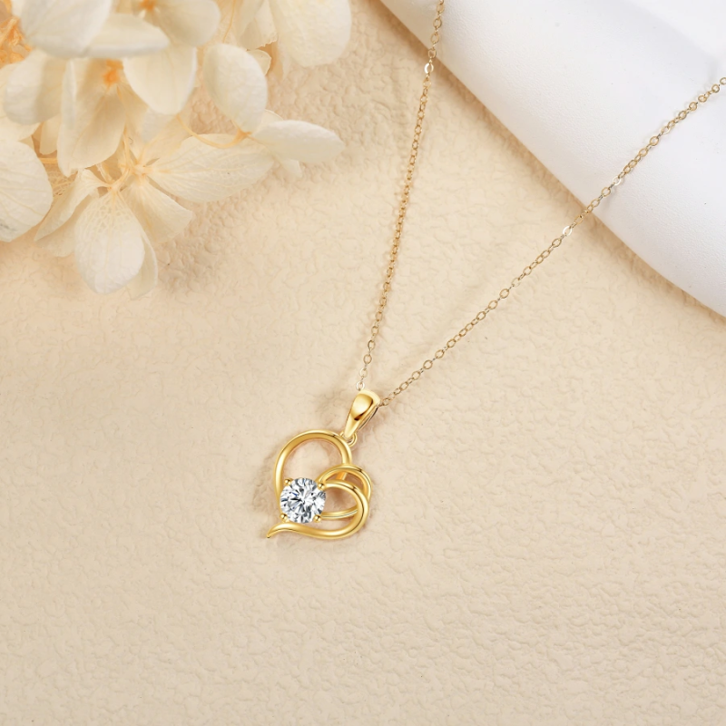 10K Gold Moissanite Heart With Heart Necklace for Women-3