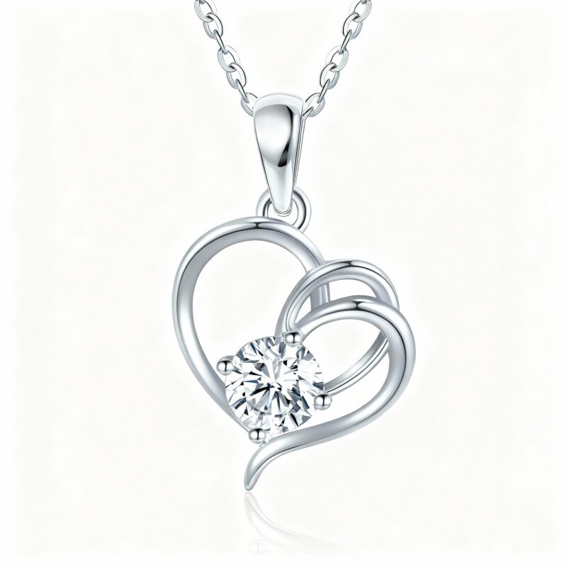 Collier pendentif cœur en or blanc 10 carats et moissanite-1