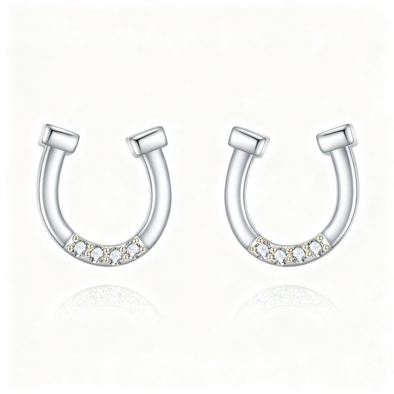 Pendientes de botón de moissanita en forma de herradura de oro blanco de 14 quilates-1