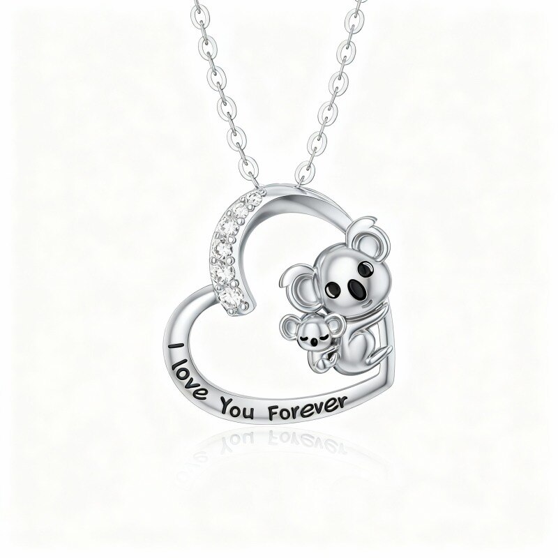 Collar con colgante de koala y corazón de moissanita en oro blanco de 10 quilates-1