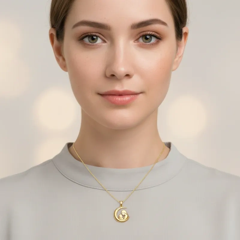14K Gold Moissanite Mama with Child Pendant Necklace-2
