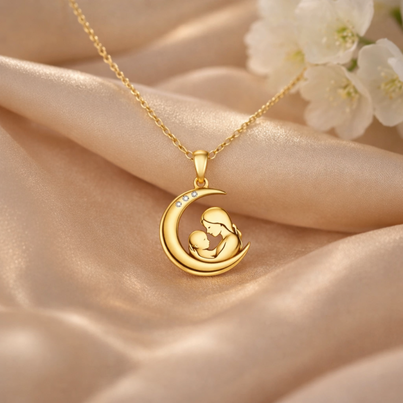 14K Gold Moissanite Mama with Child Pendant Necklace-4
