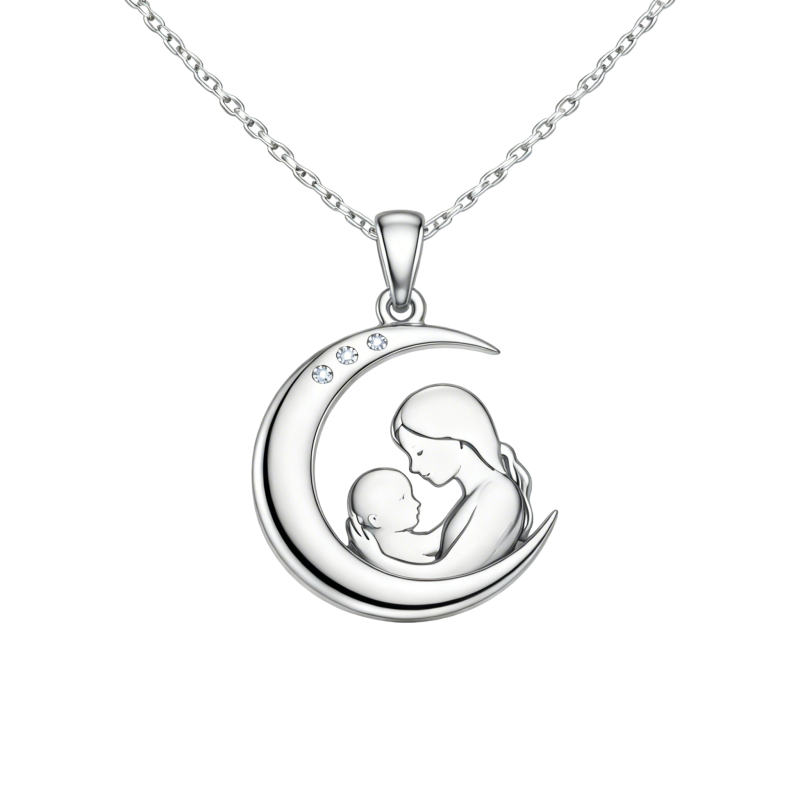 Collar con colgante de moissanita y mamá en oro blanco de 18 quilates-1