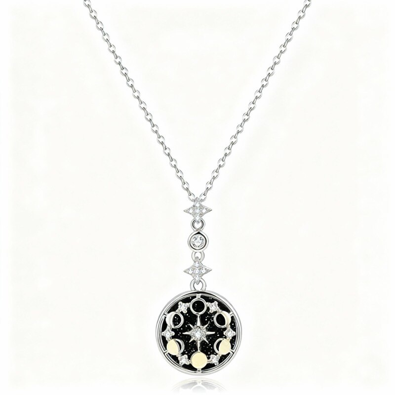 Collier pendentif lune et étoile en or blanc 10 carats et moissanite-1